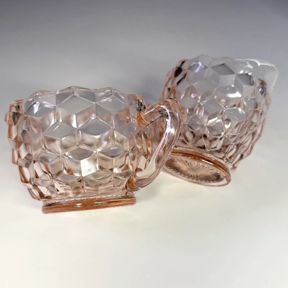 Vintage Jeannette Cubist Pink Depression Glass Sugar & Creamer Set Cube Pattern